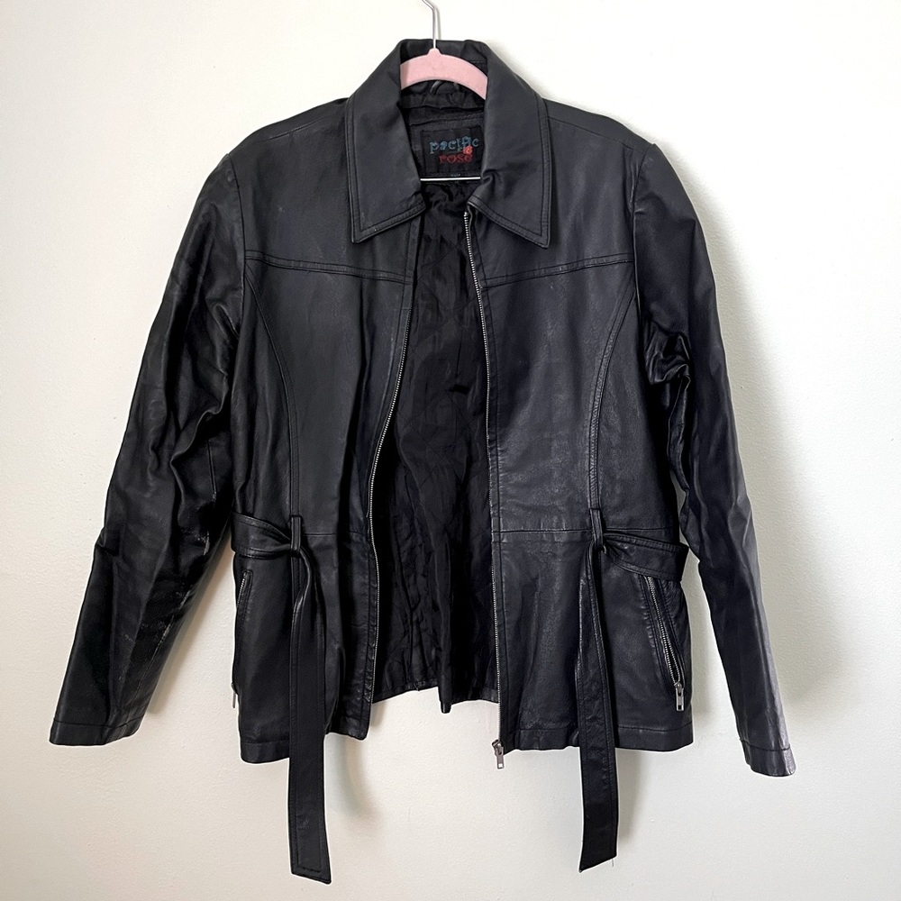 Genuine leather vintage belted bomber jacket